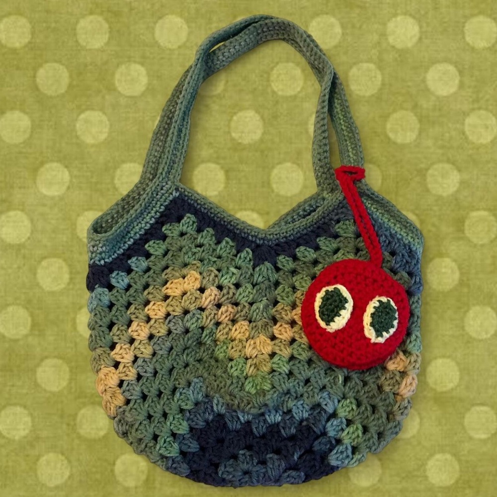 crochet hungry caterpillar themed mesh tote bag